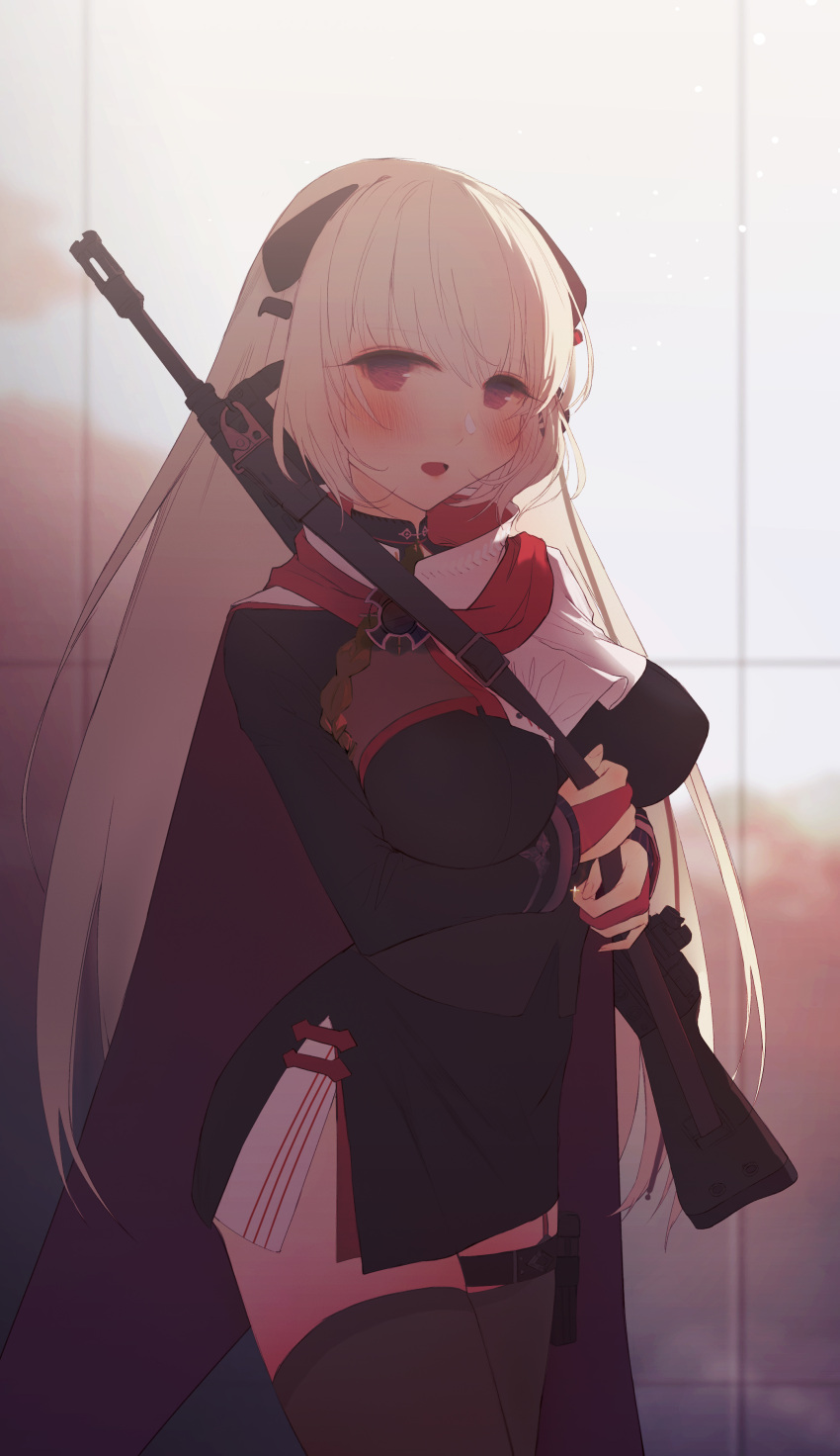 1girl :o absurdres bangs battle_rifle between_breasts black_dress blonde_hair blush breasts brown_legwear cape day digi-mind_update_(girls_frontline) dress eyebrows_visible_through_hair g3_(girls_frontline) girls_frontline gloves gun h&amp;k_g3 hair_between_eyes handgun head_tilt headset highres holding holding_strap holster holstered_weapon indoors iron_cross long_hair long_sleeves looking_at_viewer medium_breasts muike open_mouth partly_fingerless_gloves red_gloves rifle skindentation solo standing thigh-highs thigh_holster very_long_hair violet_eyes weapon weapon_on_back white_cape