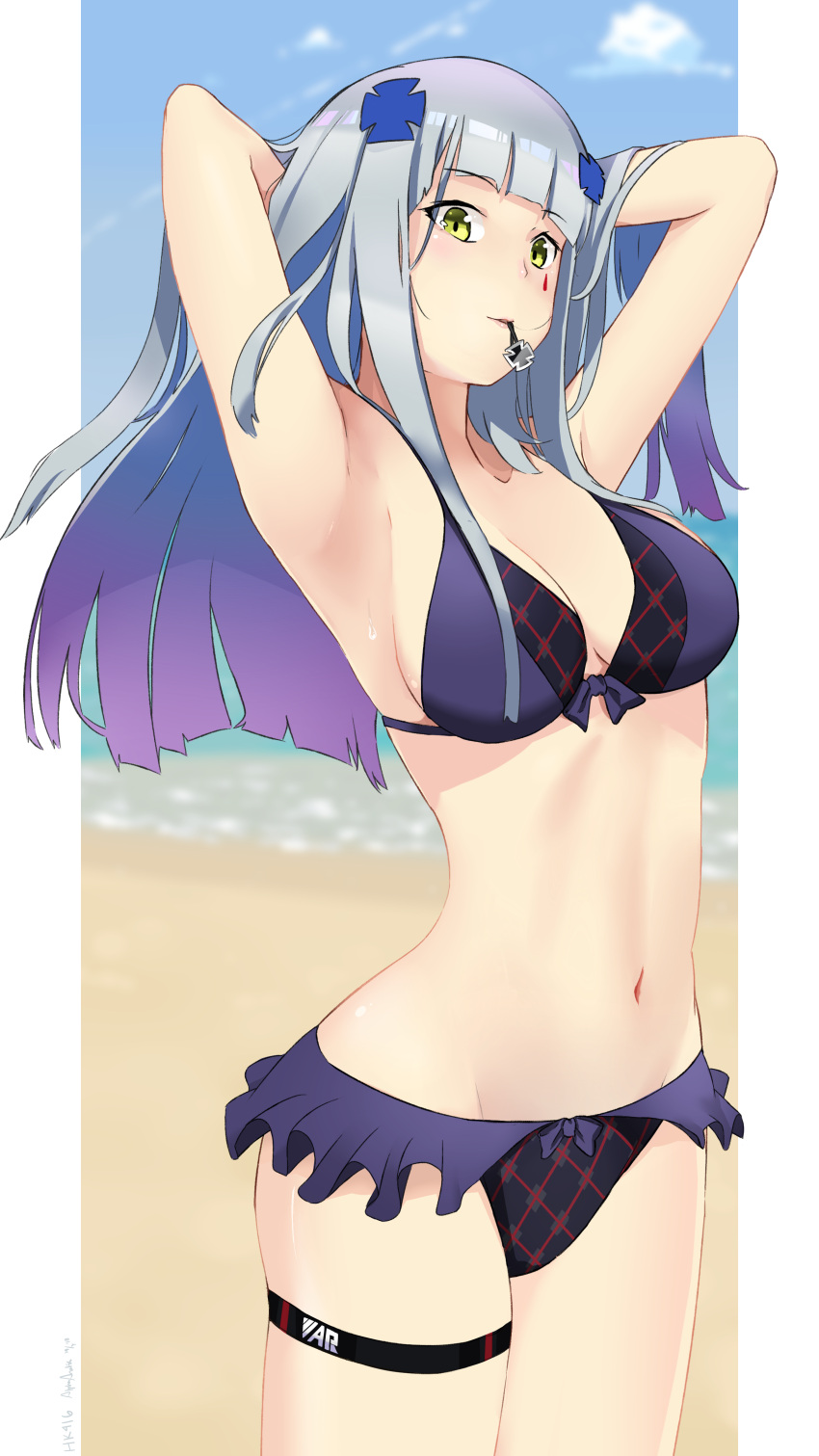 1girl absurdres alphaarietis alternate_costume armpits arms_behind_head bangs beach bikini blue_sky blunt_bangs blush breasts character_name cleavage clouds dated eyebrows_visible_through_hair facial_mark frilled_bikini frills girls_frontline green_eyes groin hair_ornament hair_tie_in_mouth highres hk416_(girls_frontline) long_hair looking_at_viewer medium_breasts mouth_hold navel sand sidelocks signature silver_hair sky solo stomach swimsuit teardrop thigh_strap tying_hair very_long_hair wet