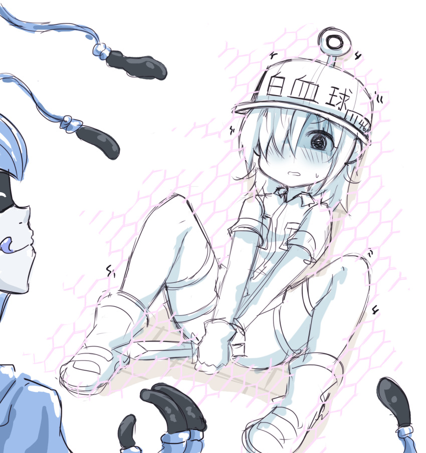 1boy 1girl bangs blush boots character_name character_request closed_eyes collared_jacket commentary_request eyebrows_visible_through_hair flat_cap genderswap genderswap_(mtf) gloves greenteaneko hair_over_one_eye hat hataraku_saibou highres holding holding_knife honeycomb_(pattern) jacket knife licking_lips nose_blush parted_lips short_shorts short_sleeves shorts sketch spread_legs sweat thigh-highs thighhighs_under_boots tongue tongue_out u-1146 v_arms white_footwear white_hat white_jacket white_legwear white_shorts white_skin