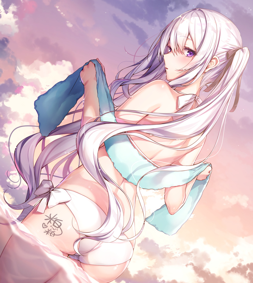 1girl ass bikini cowboy_shot dusk dutch_angle fanbox_reward from_behind hair_ribbon highres komeshiro_kasu lavender_hair long_hair looking_back original outdoors paid_reward parted_lips ribbon side-tie_bikini sidelocks sky solo swimsuit towel twintails very_long_hair violet_eyes wet white_bikini white_hair