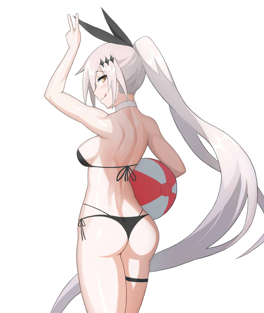 1girl :q abs absurdres alternate_costume armpits arms_up ass ball bangs bare_shoulders beachball bikini blush bow breasts brown_eyes cero_(last2stage) cleavage closed_mouth collar commentary_request eyebrows_visible_through_hair five-seven_(girls_frontline) from_behind girls_frontline groin hair_between_eyes hair_ornament hair_ribbon highleg highleg_bikini highres hips holding_beachball large_breasts leg_ribbon long_hair looking_at_viewer ponytail ribbon shoulder_blades side-tie_bikini sidelocks silver_hair simple_background skindentation smile solo sparkle standing swimsuit toned tongue tongue_out v very_long_hair white_background