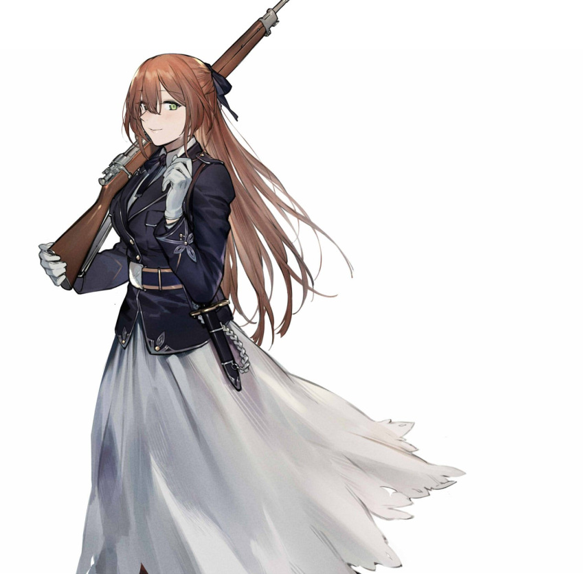 1girl alternate_costume american_flag bangs blue_jacket blue_ribbon blush bolt_action breasts brown_hair collared_shirt dress duoyuanjun eyebrows_visible_through_hair girls_frontline gloves green_eyes gun hair_between_eyes hair_ribbon hair_rings highres holding holding_gun holding_weapon holstered_weapon jacket large_breasts long_hair long_sleeves looking_at_viewer m1903_springfield m1903_springfield_(girls_frontline) military military_uniform neck_ribbon ponytail ribbon rifle shirt sidelocks simple_background smile solo sword tareme uniform weapon white_background white_dress white_gloves
