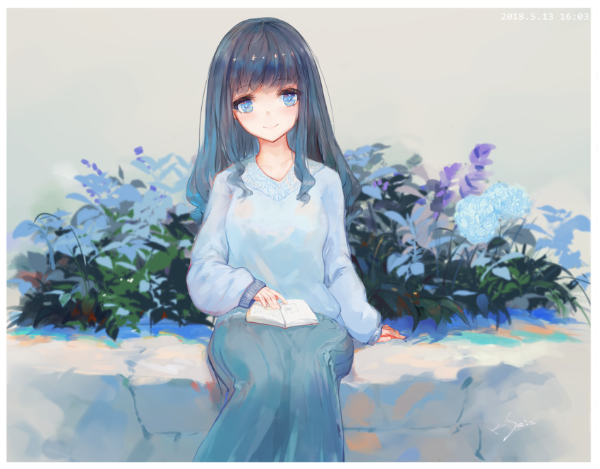 1girl arm_support bangs black_hair blue_eyes blue_flower blue_skirt blue_sweater book closed_mouth commentary_request dated eyebrows_visible_through_hair flower grey_background kisei2 long_hair long_sleeves looking_at_viewer open_book original puffy_long_sleeves puffy_sleeves purple_flower signature sitting skirt sleeves_past_wrists smile solo sweater