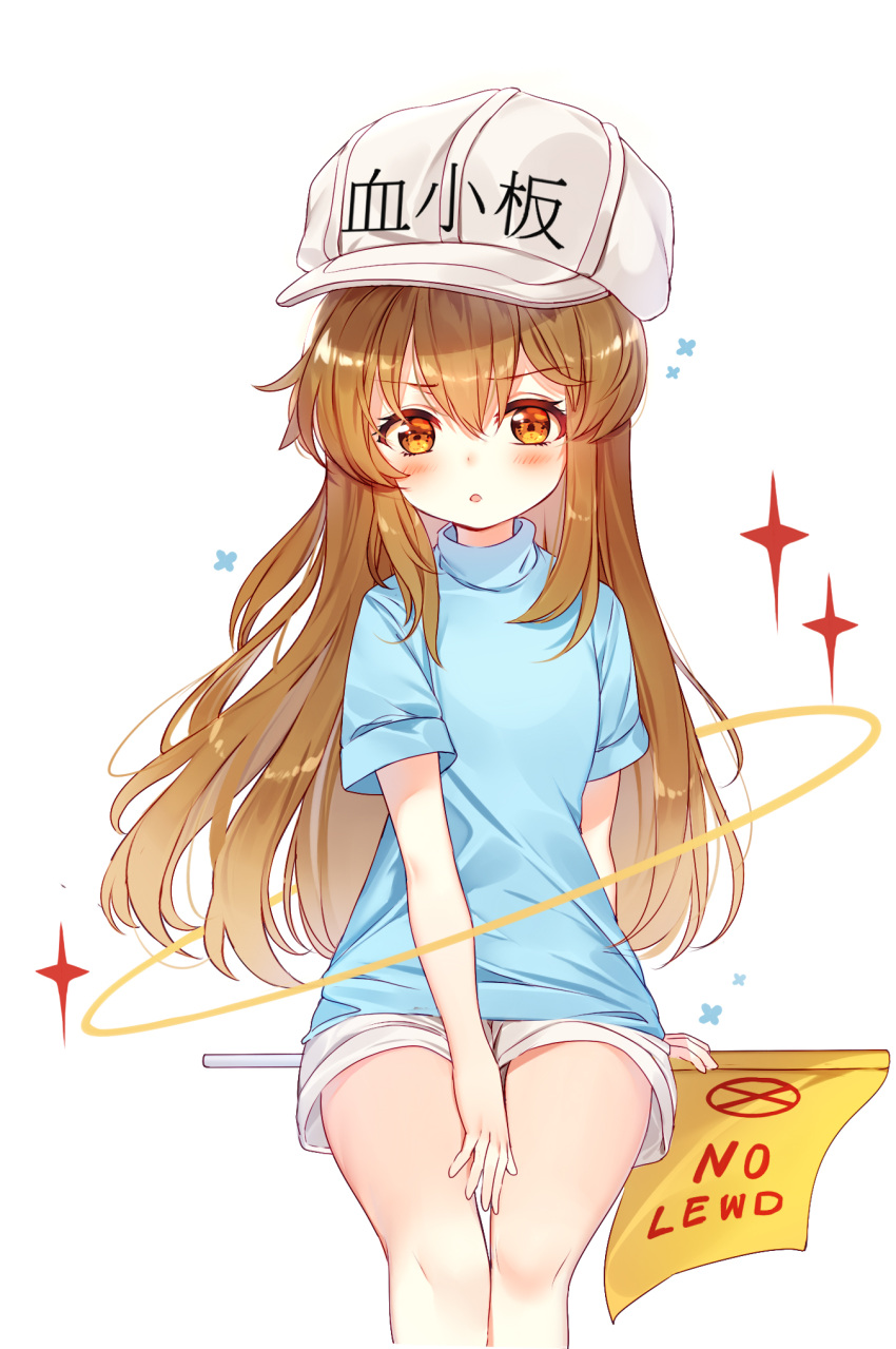 1girl :o bangs baocaizi blue_shirt blush brown_eyes character_name commentary_request english eyebrows_visible_through_hair flag flat_cap grey_hat grey_shorts hair_between_eyes hat hataraku_saibou head_tilt highres light_brown_hair long_hair looking_at_viewer parted_lips platelet_(hataraku_saibou) shirt short_shorts short_sleeves shorts sitting solo sparkle very_long_hair white_background
