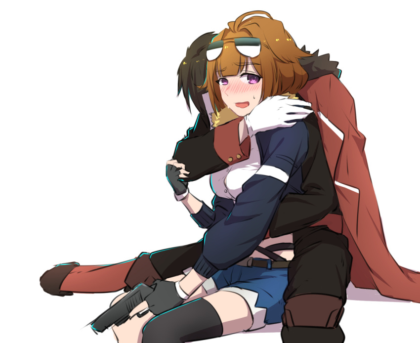 1boy 1girl blush breasts brown_hair chinese_commentary commander_(girls_frontline) commentary_request embarrassed eyewear_on_head girls_frontline grizzly_mkv_(girls_frontline) gun handgun hug hug_from_behind jacket medium_breasts open_mouth short_hair shorts sunglasses thigh-highs violet_eyes weapon xiujia_yihuizi