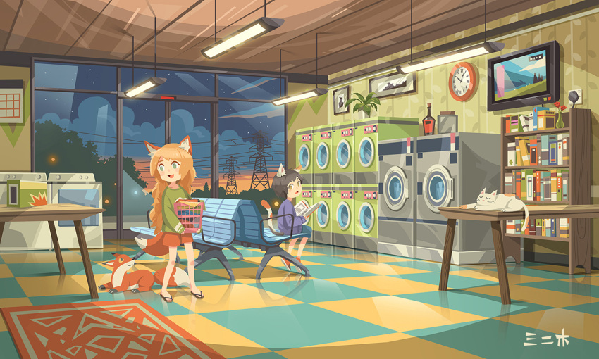2girls animal_ears artist_name bench black_hair blush book bookshelf brown_eyes brown_hair carpet cat cat_ears cat_tail checkered checkered_floor clock clothes_dryer flip-flops fox fox_ears fox_tail frame green_eyes holding holding_book indoors kitsu+3 laundry_basket long_hair looking_at_viewer looking_away multiple_girls night open_mouth original photo_(object) power_lines sandals scenery shoes short_hair sitting sky smile sneakers standing star_(sky) starry_sky table tail washing_machine