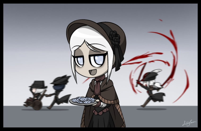 2boys 2girls ascot bangs blood bloodborne blue_eyes bonnet cape chasing cloak colored commentary cookie dress dual_wielding english_commentary eyebrows_visible_through_hair flower food gehrman_the_first_hunter hat hat_feather holding hunter_(bloodborne) lady_maria_of_the_astral_clocktower lee-sanixay long_hair multiple_boys multiple_girls open_mouth plain_doll ponytail rakuyo_(bloodborne) rose running scarf short_hair swept_bangs sword top_hat weapon wheelchair white_hair