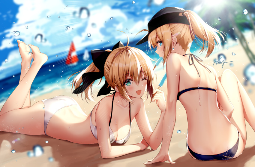 2girls ;d ahoge aqua_eyes artoria_pendragon_(all) ass bangs barefoot beach bikini black_bikini black_bow blonde_hair blue_eyes blurry blurry_background blush bow breasts cleavage clouds cloudy_sky collarbone commentary_request day eyebrows_visible_through_hair fate/grand_order fate/unlimited_codes fate_(series) food hair_between_eyes hair_bow happy holding horizon ice_cream long_hair looking_at_viewer lying multiple_girls mysterious_heroine_x necomi ocean on_stomach one_eye_closed open_mouth outdoors palm_tree ponytail profile saber_lily sand sky smile splashing swimsuit tree wet white_bikini