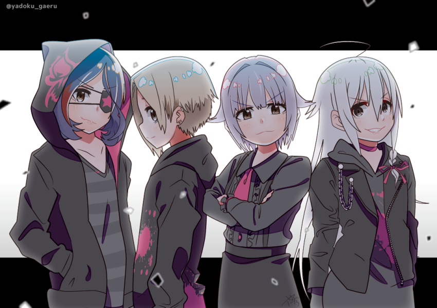 4girls ahoge black_hair blonde_hair crossed_arms dark_skin ear_piercing eyebrows_visible_through_hair eyepatch grin hand_in_pocket hayasaka_mirei hood hood_down hood_up hooded_jacket hoodie hoshi_shouko idolmaster idolmaster_cinderella_girls jacket koshimizu_sachiko lavender_hair looking_at_viewer multiple_girls open_clothes open_jacket piercing profile shirasaka_koume short_hair smile white_hair yadokugaeru