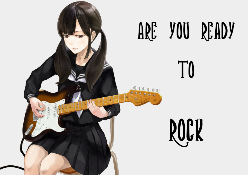 1girl ashiya_hiro background_text black_sailor_collar black_serafuku black_shirt black_skirt brown_eyes brown_hair chair collarbone commentary_request electric_guitar english grey_background guitar highres holding holding_instrument instrument long_hair long_sleeves neckerchief on_chair original pleated_skirt plectrum sailor_collar school_uniform serafuku shirt simple_background sitting skirt solo stratocaster twintails white_neckwear