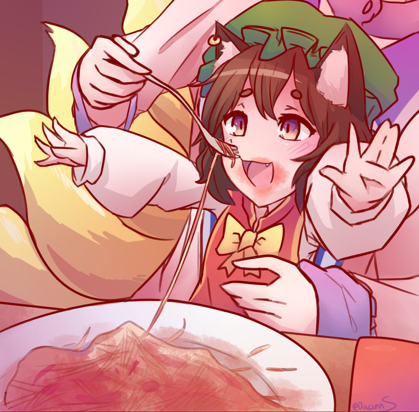 2girls animal_ears bacun cat_ears chen feeding food fork fox_tail highres kitsune meme multiple_girls multiple_tails outstretched_arms parody pasta plate spaghetti stain tail touhou