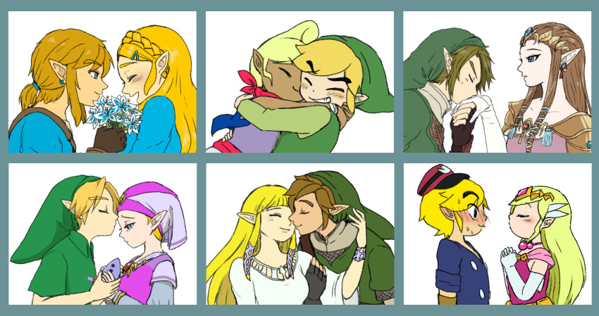 6+boys 6+girls bandanna bangs blonde_hair blue_eyes blunt_bangs blush braid closed_eyes crying flower forehead_kiss full-face_blush grin hand_kiss hands_clasped hat highres hood hug instrument interlocked_fingers jewelry kiss link long_hair multiple_boys multiple_girls multiple_persona necklace noses_touching ocarina open_mouth own_hands_together pointy_ears princess_zelda profile shirt short_hair sidelocks smile sweatdrop tetra the_legend_of_zelda the_legend_of_zelda:_breath_of_the_wild the_legend_of_zelda:_ocarina_of_time the_legend_of_zelda:_skyward_sword the_legend_of_zelda:_spirit_tracks the_legend_of_zelda:_the_wind_waker the_legend_of_zelda:_twilight_princess thick_eyebrows tiara toon_link usushira waiting_for_kiss young_link