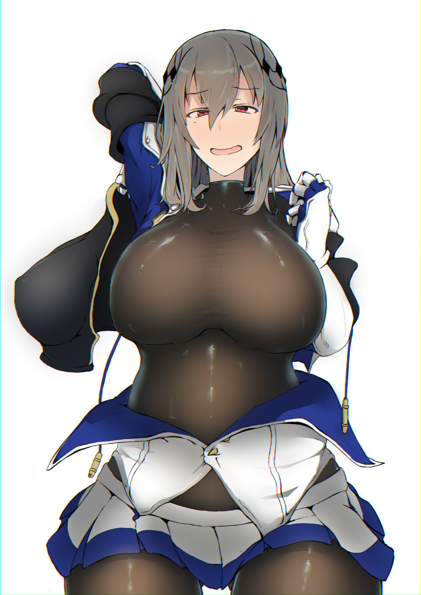1girl absurdres arm_behind_head azur_lane black_legwear breasts eyebrows_visible_through_hair gauntlets grey_hair hair_between_eyes hair_ornament highres large_breasts looking_at_viewer miniskirt mole mole_under_eye open_mouth pantyhose pleated_skirt red_eyes saint-louis_(azur_lane) shiworiita simple_background skirt smile solo white_background
