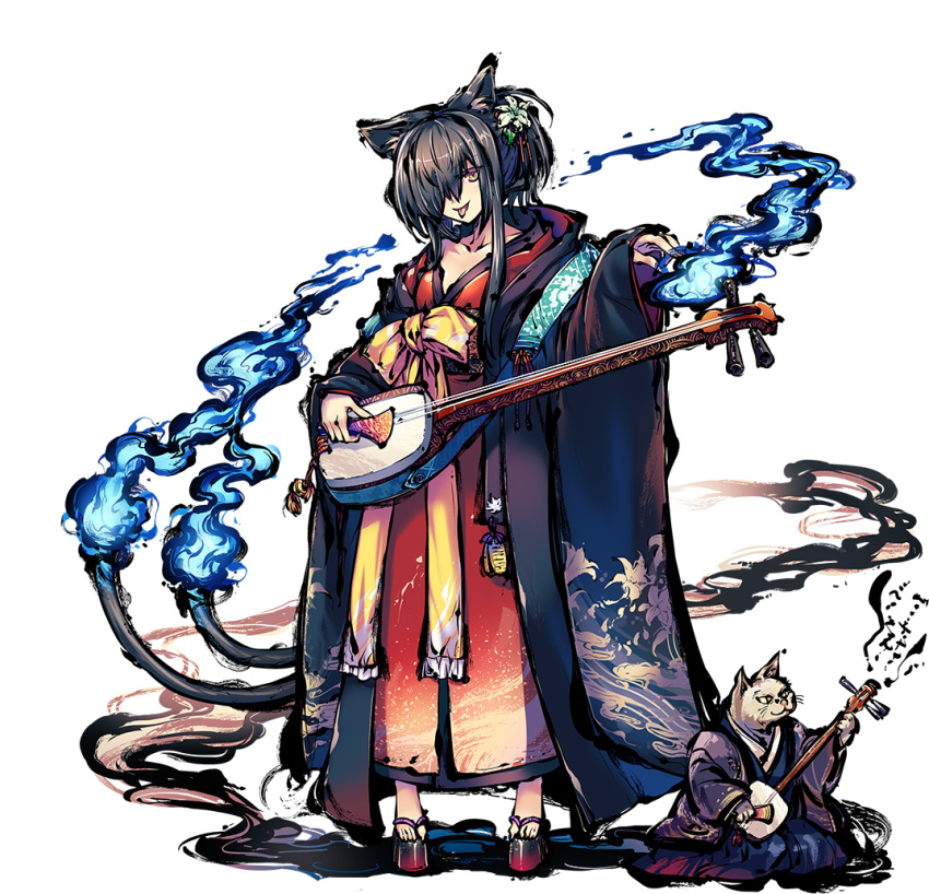 1girl :p animal_ears black_hair blue_fire cat cat_ears fire flower geta hair_flower hair_ornament hair_over_one_eye instrument japanese_clothes kimono koharu_(sennen_sensou_aigis) long_hair looking_at_viewer multiple_tails official_art sennen_sensou_aigis shamisen solo tail tail-tip_fire tongue tongue_out two_tails yellow_eyes youkai