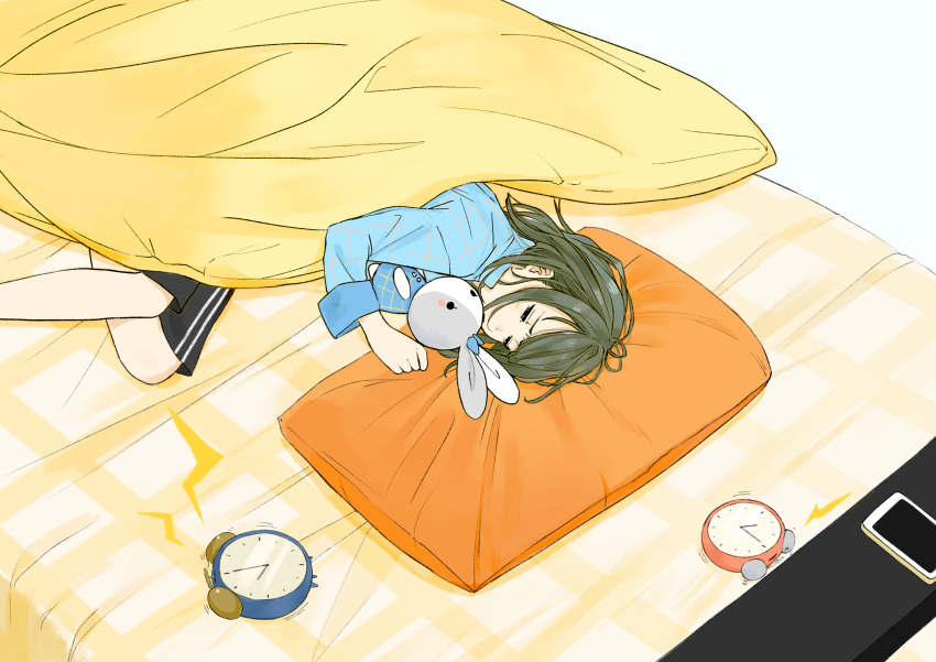 1girl absurdres alarm_clock bed black_shorts blue_bow blue_shirt blush_stickers bow cellphone clock closed_eyes feet_out_of_frame grey_hair highres long_sleeves lying messy_hair on_side original pajamas phone pillow sako_(user_ndpz5754) shirt short_hair shorts sleeping smartphone solid_circle_eyes solo stuffed_animal stuffed_bunny stuffed_toy under_covers
