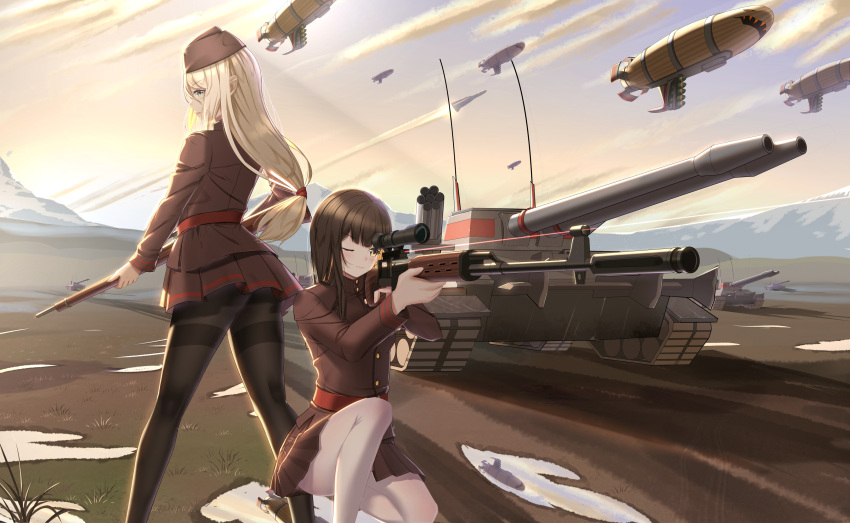 2girls absurdres apocalypse_(command_&amp;_conquer:red_alert_2) battlefield black_hair black_legwear caterpillar_tracks command_and_conquer command_and_conquer:_red_alert_2 day dragunov_svd grass ground_vehicle gun highres kirov_airship lazy_guang_guang long_hair military military_vehicle missile motor_vehicle mountain multiple_girls pantyhose rifle skirt sky sniper_rifle tank thigh-highs uniform weapon white_legwear
