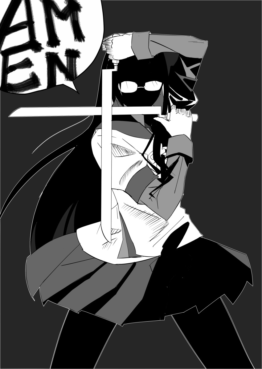 1girl absurdres alexander_anderson batabata0015 catchphrase glasses hellsing highres holding holding_weapon kantai_collection long_hair monochrome ooyodo_(kantai_collection) parody solo weapon