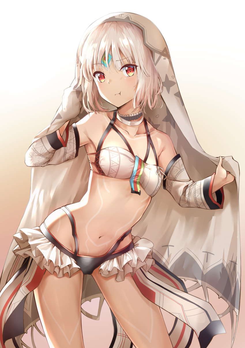 1girl :t absurdres altera_(fate) bangs bare_shoulders black_bikini_bottom breasts closed_mouth collar collarbone dark_skin detached_sleeves eyebrows_visible_through_hair facial_mark fate/grand_order fate_(series) forehead_mark full_body_tattoo highres looking_at_viewer navel pout red_eyes shiny shiny_hair short_hair silver_hair simple_background small_breasts solo sunhyun tattoo veil white_bikini_top