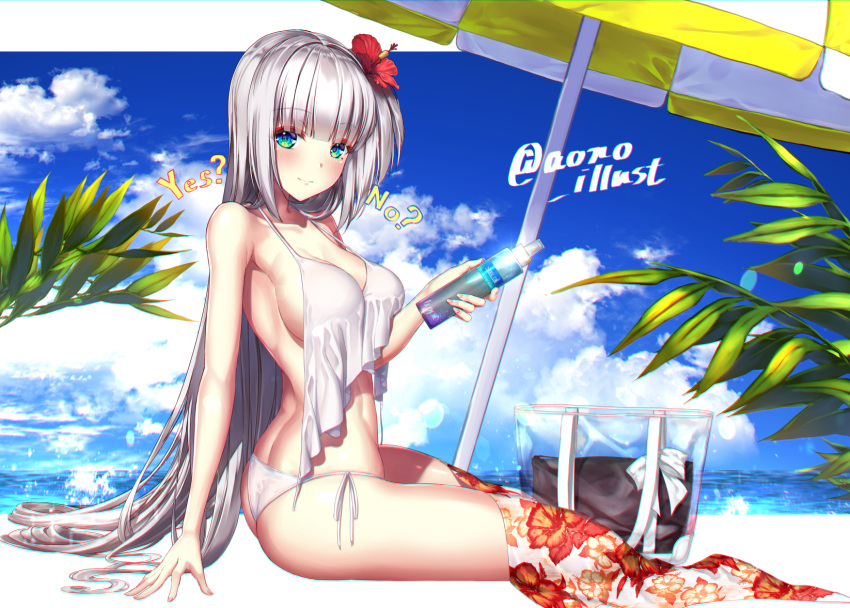 1girl alternate_costume aono_meri arm_support armpits ass azur_lane bag bangs beach beach_umbrella bikini blue_eyes blue_sky blush bottle breasts clouds collarbone day eyebrows_visible_through_hair floral_print flower hair_flower hair_ornament highres holding holding_bottle large_breasts long_hair looking_at_viewer lotion mole mole_under_eye no ocean outdoors palm_leaf palm_tree sand sarong shoukaku_(azur_lane) side-tie_bikini sideboob silver_hair sitting sky smile solo sparkle sunscreen swimsuit thighs tree twitter_username umbrella untied untied_bikini white_bikini yes