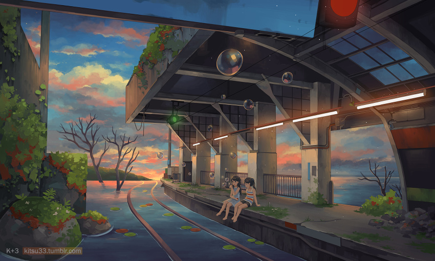 2girls barefoot brown_eyes brown_hair bubble bubble_blowing closed_eyes facing_another highres kitsu+3 lily_pad long_hair looking_away multiple_girls original outdoors overgrown ponytail railing railroad_tracks scenery sitting sunset train_station tree