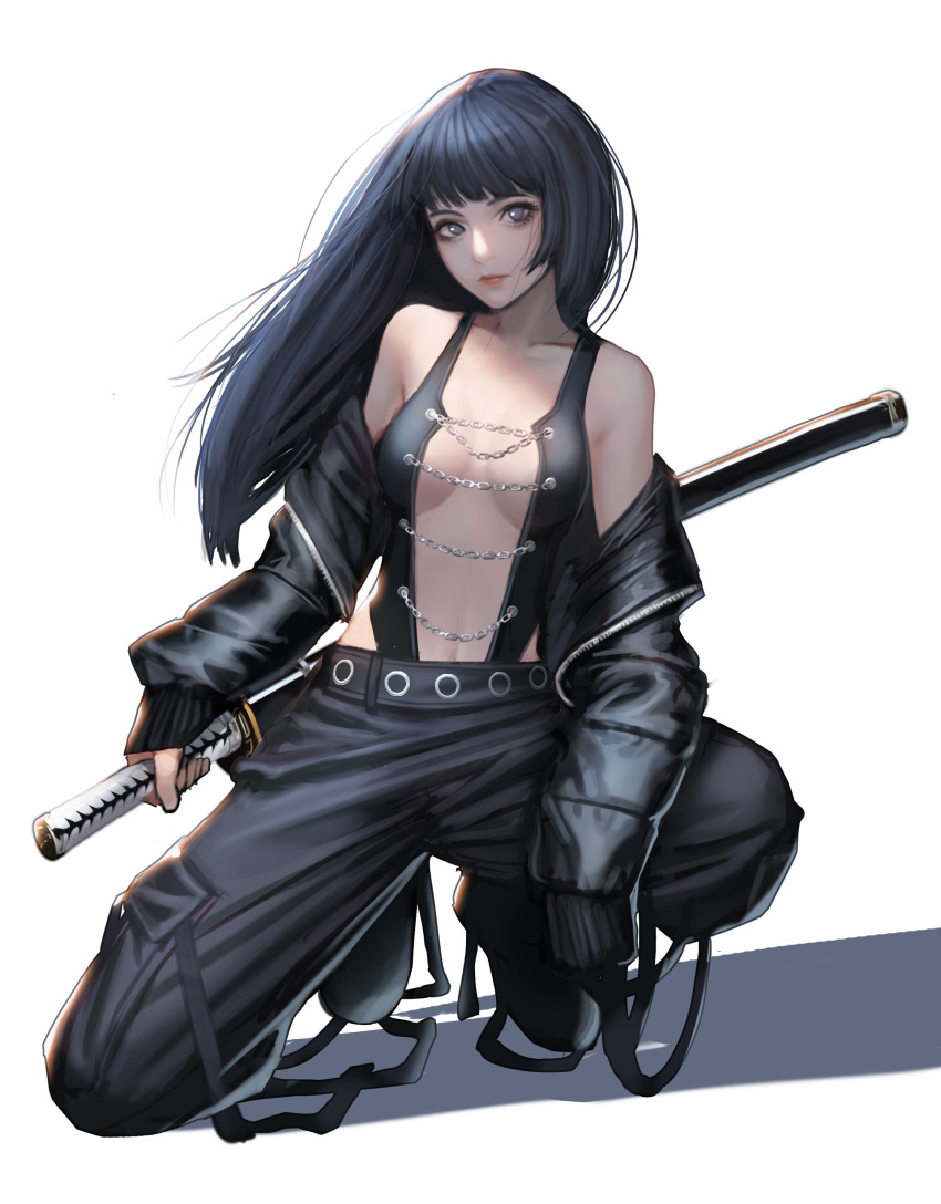 1girl absurdres bangs bare_shoulders black_hair black_jacket black_pants blunt_bangs breasts chains closed_mouth collarbone commentary highres holding holding_sword holding_weapon jacket jungon_kim long_hair long_sleeves looking_at_viewer one_knee open_clothes open_jacket original pants simple_background solo sword violet_eyes weapon white_background zipper