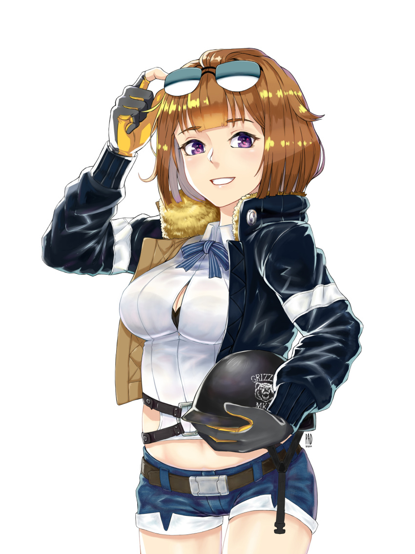 1girl absurdres breasts brown_hair commentary_request english eyewear_on_head girls_frontline gloves grizzly_bear grizzly_mkv_(girls_frontline) helmet highres jacket kimkihun1479 looking_at_viewer medium_breasts midriff ribbon short_hair shorts smile solo sunglasses thighs unbuttoned unbuttoned_shirt violet_eyes