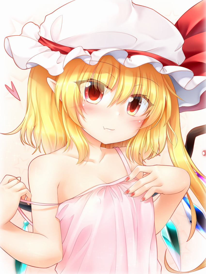 1girl bangs bare_arms bare_shoulders blonde_hair blush breasts camisole cleavage closed_mouth collarbone commentary_request crystal eyebrows_visible_through_hair eyes_visible_through_hair fang fang_out flandre_scarlet flat_chest hair_between_eyes hand_on_own_chest hand_up hat hat_ribbon head_tilt heart highres long_hair looking_at_viewer m9kndi mob_cap nail_polish pink_camisole pointy_ears red_eyes red_nails red_ribbon ribbon side_ponytail slit_pupils smile solo spaghetti_strap star starry_background strap_pull touhou upper_body white_background white_hat wings