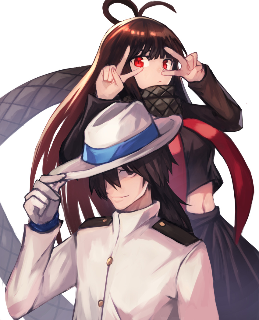 1boy 1girl absurdres ahoge black_scarf black_shirt black_skirt closed_mouth commentary_request double_v fate/grand_order fate_(series) gloves hair_over_one_eye hand_to_head hands_up hat highres jacket long_sleeves looking_at_viewer navel one_eye_covered oryou_(fate) ponytail sakamoto_ryouma_(fate) scarf shirt simple_background skirt smile sookmo v white_background white_gloves white_hat white_jacket
