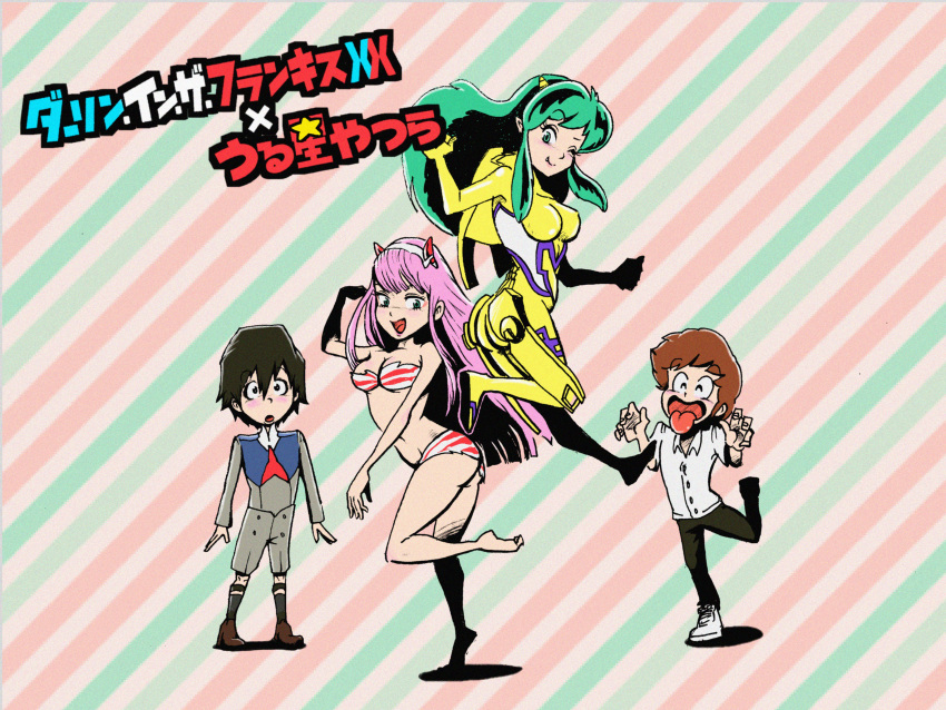 2boys 2girls absurdres aoiumi_youtuber ass bangs barefoot bikini black_hair black_pants blue_eyes blush bodysuit breasts brown_footwear brown_hair cleavage collarbone collared_shirt commentary_request cosplay couple darling_in_the_franxx eyebrows_visible_through_hair floating floating_hair green_eyes green_hair hair_ornament hairband hand_up hands_up highres hiro_(darling_in_the_franxx) horns leg_up long_hair long_sleeves looking_at_viewer lum lum_(cosplay) medium_breasts military military_uniform moroboshi_ataru multiple_boys multiple_girls navel necktie one_eye_closed oni_horns open_mouth pants pilot_suit pink_hair red_horns red_neckwear shirt shoes short_hair short_sleeves sneakers socks striped striped_bikini swimsuit thighs tongue tongue_out translation_request uniform urusei_yatsura white_footwear white_hairband white_shirt wing_collar yellow_bodysuit zero_two_(darling_in_the_franxx) zero_two_(darling_in_the_franxx)_(cosplay)