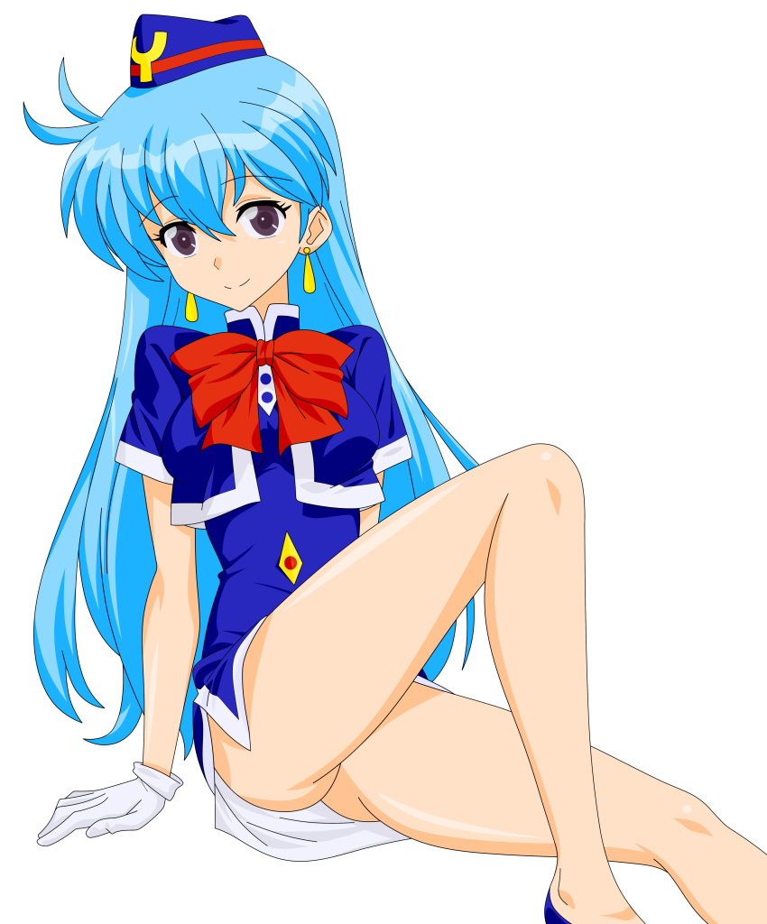 1girl aqua_hair gloves highres legs long_hair miniskirt photoshop purple_eyes skirt solo stewardess tenjouin_katsura thighs vector_trace yat_anshin_uchuu_ryokou