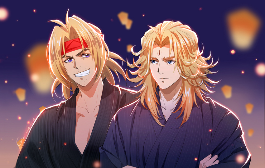 2boys blonde_hair blue_eyes blurry blurry_background bunchuu closed_mouth commentary_request crossed_arms facial_hair headband houshin_engi japanese_clothes kenin kimono kou_hiko light_smile long_hair male_focus multiple_boys red_headband smile stubble teeth third_eye violet_eyes