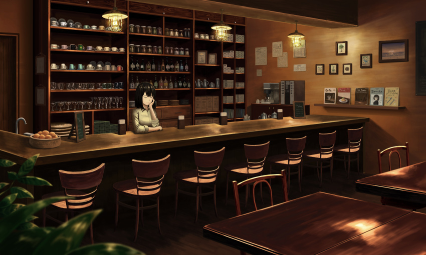 1girl absurdres black_hair book breasts chair closed_eyes collared_shirt cup drinking_glass facing_away faucet frame highres indoors long_sleeves medium_breasts onita original photo_(object) scenery shelf shirt short_hair solo standing table wine_glass