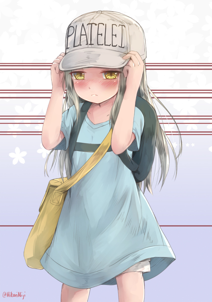 1girl arms_up backpack bag blue_shirt blush character_name closed_mouth collarbone commentary english_commentary flat_cap grey_hat grey_shorts hands_on_headwear hat hataraku_saibou highres hikari_niji light_frown looking_at_viewer nose_blush oversized_clothes oversized_shirt platelet_(hataraku_saibou) shirt short_shorts short_sleeves shorts shoulder_bag solo standing twitter_username yellow_eyes