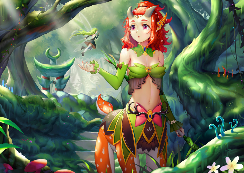 1girl absurdres bare_shoulders breasts centauroid cleavage detached_sleeves fairy fantasy forest green_hair hair_ornament highres horns light_rays long_hair medium_breasts midriff monster_girl nail_polish nature navel original red_eyes redhead short_hair sonikey0_0 sunbeam sunlight
