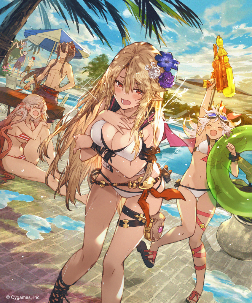 3boys 4girls :d ^_^ arm_garter arm_up beach_umbrella belt bikini blonde_hair blush breast_hold breasts closed_eyes closed_eyes dutch_angle ezusuke flower goggles goggles_on_head hair_between_eyes hair_flower hair_ornament hand_on_hip highres horns innertube large_breasts light_brown_hair medium_breasts multicolored_hair multiple_boys multiple_girls navel o_o open_mouth outdoors palm_tree pink_hair pointy_ears ponytail pool poolside red_eyes sailor_collar sandals shingeki_no_bahamut sidelocks sitting smile striped striped_bikini swimsuit thigh_gap thigh_strap tree two-tone_hair umbrella water_gun wet white_bikini yawning