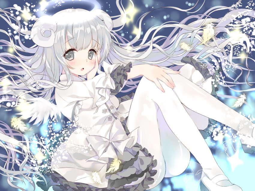 1girl :o absurdres ame_usari angel angel_wings blush commentary_request curled_horns dress feathered_wings feathers fingernails grey_eyes hand_on_own_cheek hand_on_own_knee highres horns lolita_fashion long_hair looking_at_viewer mary_janes original pantyhose parted_lips sheep_horns shoes silver_hair solo very_long_hair white_dress white_feathers white_footwear white_legwear white_wings wings