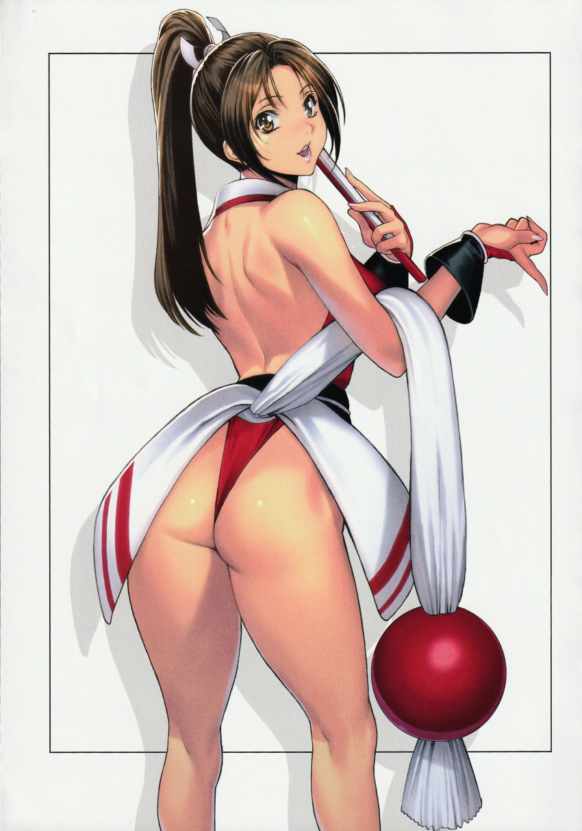 1girl absurdres asian ass back backless_outfit bangs bare_back breasts bridal_gauntlets brown_eyes brown_hair curvy fatal_fury from_behind frown hair_ribbon hand_on_hip high_ponytail highres hips homare_(fool's_art) huge_filesize japanese_clothes kneepits large_breasts legs long_hair looking_at_viewer ninja panties ponytail red_panties ribbon sash scan shiranui_mai simple_background smile solo standing the_king_of_fighters thighs thong tied_hair underwear