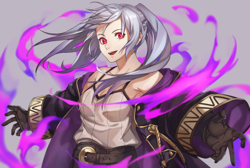 1girl aura belt black_gloves breasts cleavage dark_aura female_my_unit_(fire_emblem:_kakusei) fire_emblem fire_emblem:_kakusei fire_emblem_heroes gimurei gloves grey_background kamu_(kamuuei) long_sleeves my_unit_(fire_emblem:_kakusei) open_mouth outstretched_arms red_eyes robe simple_background solo spread_arms twintails white_hair wide_sleeves