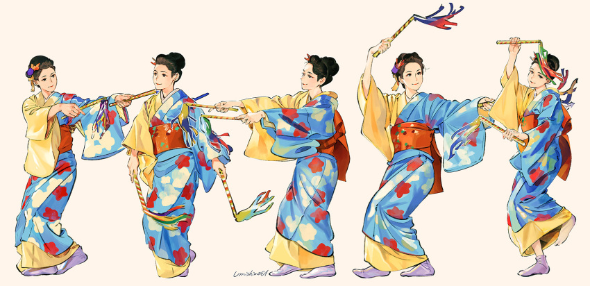 1girl black_eyes brown_hair closed_mouth dancing eyeshadow grey_background hair_ornament highres holding japanese_clothes kimono long_sleeves looking_at_viewer makeup multicolored multicolored_clothes multicolored_kimono multiple_views obi original sash signature simple_background smile standing standing_on_one_leg tabi umishima_senbon white_legwear wide_sleeves