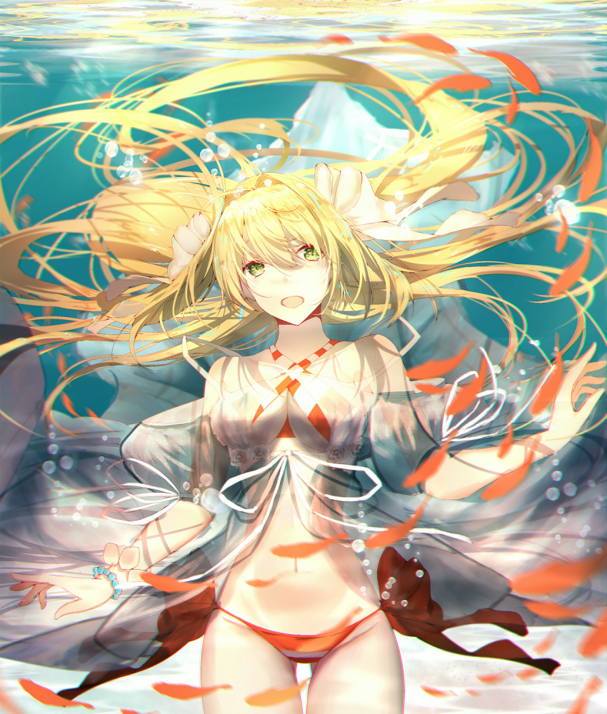1girl animal bangs bare_shoulders bikini blonde_hair blush bow bracelet breasts cleavage commentary_request criss-cross_halter day eyebrows_visible_through_hair fate/grand_order fate_(series) fish flower gluteal_fold green_eyes groin hair_between_eyes hair_bow halterneck head_tilt highres jewelry large_breasts long_hair looking_at_viewer nero_claudius_(fate)_(all) nero_claudius_(swimsuit_caster)_(fate) open_mouth outdoors re:rin rose see-through side-tie_bikini solo striped striped_bikini swimsuit thigh_gap underwater very_long_hair water white_bow white_flower white_rose