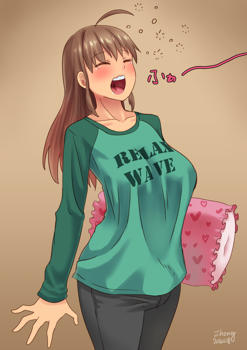 1girl 2016 absurdres ahoge artist_name blush breasts brown_hair closed_eyes clothes_writing dated highres kamiya_midori large_breasts long_hair open_mouth original pillow sleepy solo tears yawning zheng