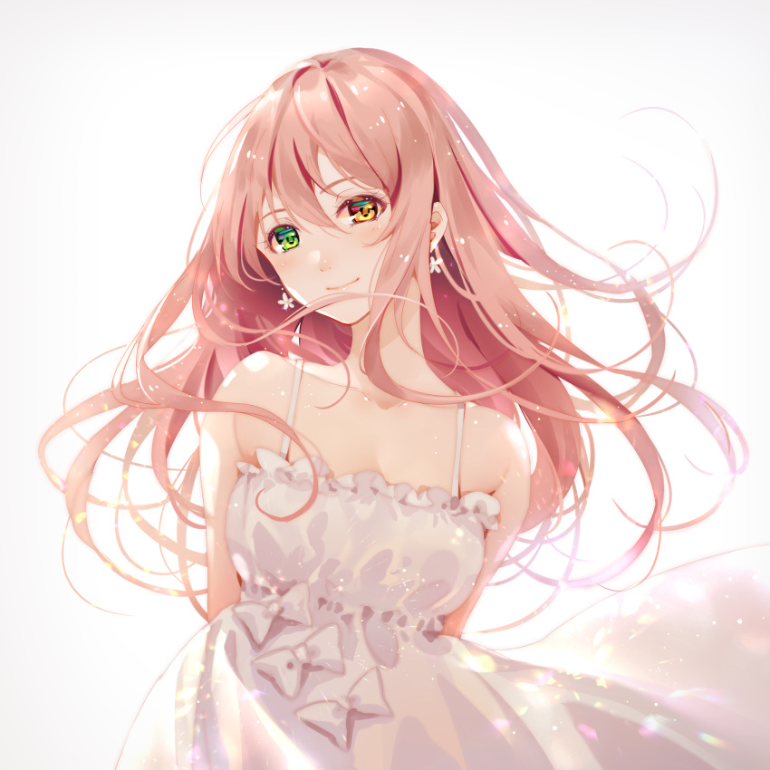 1girl arms_behind_back bangs bare_shoulders blush closed_mouth commentary_request dress earrings green_eyes hair_between_eyes heterochromia highres jewelry long_hair looking_at_viewer niya orange_eyes original pink_hair simple_background smile solo tidsean upper_body white_background white_dress