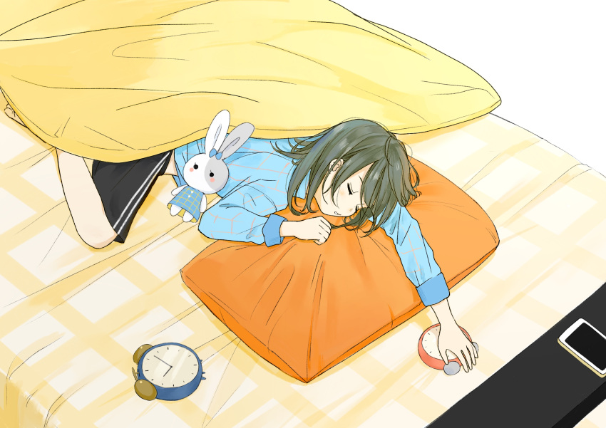 1girl absurdres alarm_clock bed black_shorts blue_bow blue_shirt blush_stickers bow cellphone clock closed_eyes grey_hair highres long_sleeves lying messy_hair on_stomach original pajamas parted_lips phone pillow sako_(user_ndpz5754) shirt short_hair shorts sleeping smartphone solid_circle_eyes solo stuffed_animal stuffed_bunny stuffed_toy under_covers
