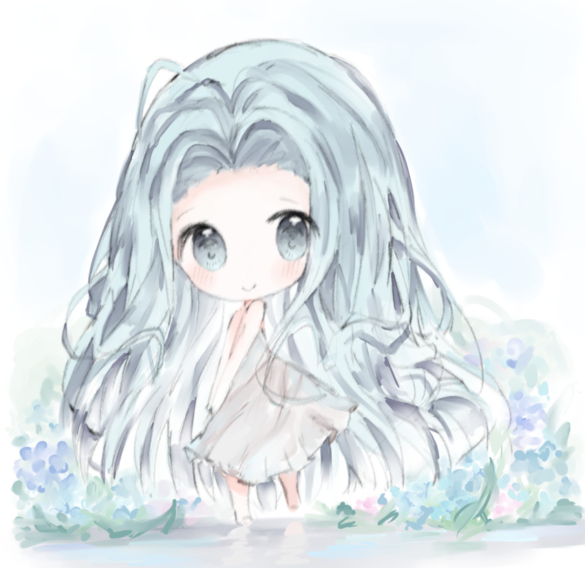 1girl bangs bare_arms bare_shoulders barefoot blue_eyes blue_flower blue_hair blush chibi closed_mouth cottontailtokki dress flower forehead granblue_fantasy highres long_hair lyria_(granblue_fantasy) parted_bangs sleeveless sleeveless_dress smile solo standing standing_on_one_leg very_long_hair white_dress