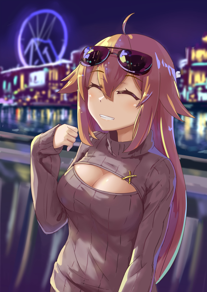 1girl absurdres ahoge alternate_costume aviator_sunglasses bangs blonde_hair blurry blurry_background blush breasts city_lights closed_eyes eyebrows_visible_through_hair eyewear_on_head ferris_wheel girls_frontline green_eyes hands highres large_breasts long_hair looking_at_viewer m1918_bar_(girls_frontline) meme_attire night open-chest_sweater outdoors parted_lips ribbed_sweater sidelocks smile solo sunglasses sweater upper_body very_long_hair