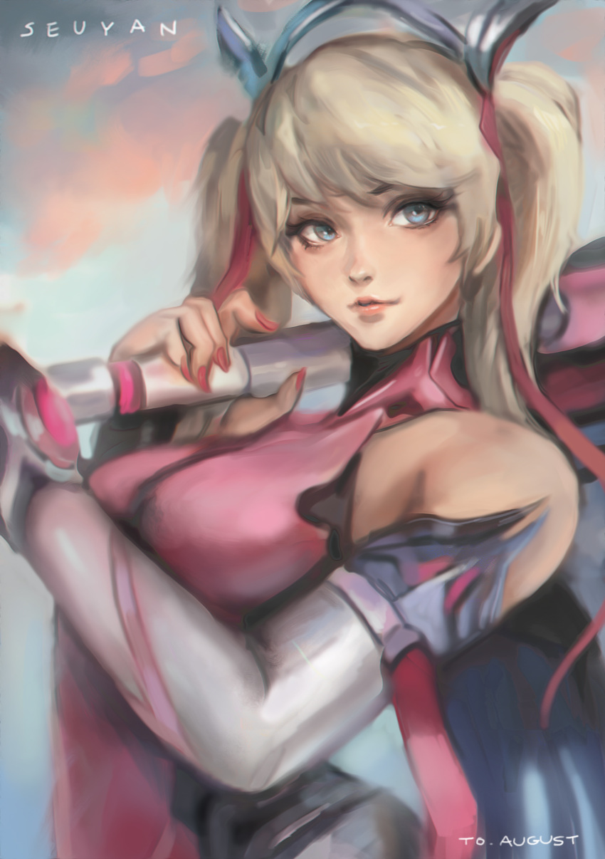 1girl absurdres alternate_costume alternate_hairstyle bare_shoulders blonde_hair blue_eyes breasts commentary criss-cross_halter dress halterneck highres lips lipstick makeup mechanical_halo mechanical_wings medium_breasts mercy_(overwatch) nail_polish over_shoulder overwatch pink_dress pink_mercy pink_ribbon ribbon seuyan solo staff twintails upper_body weapon weapon_over_shoulder wings
