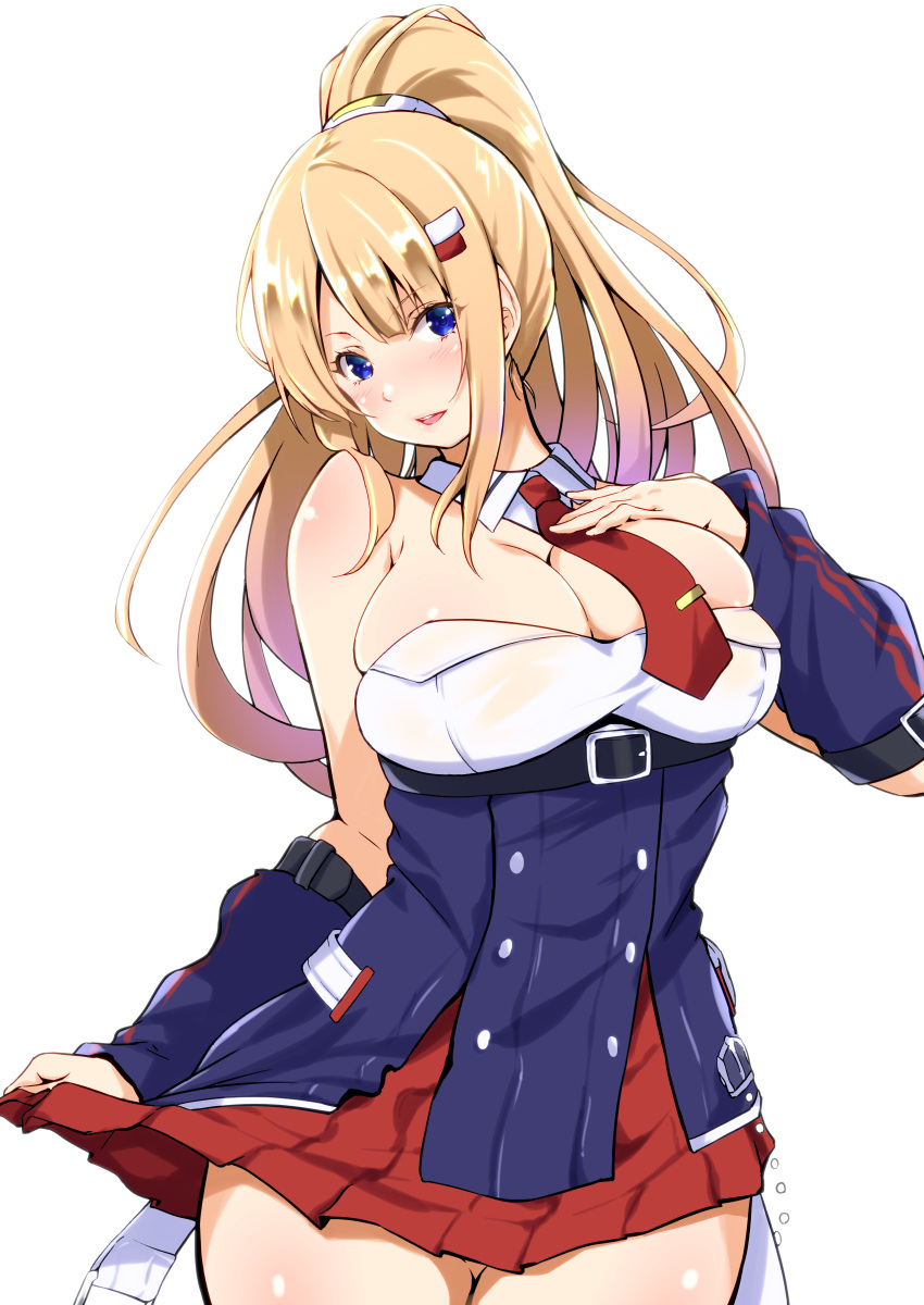 1girl absurdres astoria_(azur_lane) azur_lane bangs belt blonde_hair blue_eyes breasts cleavage cowboy_shot detached_collar detached_sleeves hair_ornament hairclip hand_on_own_chest highres kimura_neito large_breasts long_hair looking_at_viewer miniskirt necktie open_mouth pleated_skirt ponytail red_neckwear red_skirt sidelocks simple_background skindentation skirt sleeveless smile solo underbust white_background