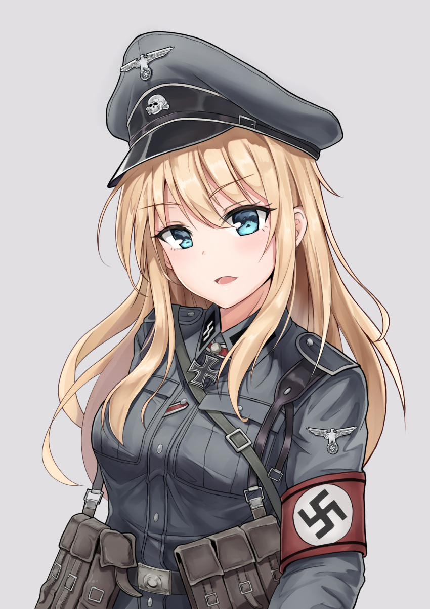 1girl absurdres ammunition_pouch armband belt belt_pouch blonde_hair blue_eyes breast_pocket buttons emblem epaulettes eyebrows eyebrows_visible_through_hair german german_clothes hair_between_eyes hat highres iron_cross long_hair looking_at_viewer medal military military_hat military_uniform nazi open_mouth original peaked_cap pocket pouch reichsadler sidelocks sigrunen simple_background solo straight_hair strap swastika totenkopf unicron_(brous) uniform upper_body utility_belt waffen-ss white_background world_war_ii