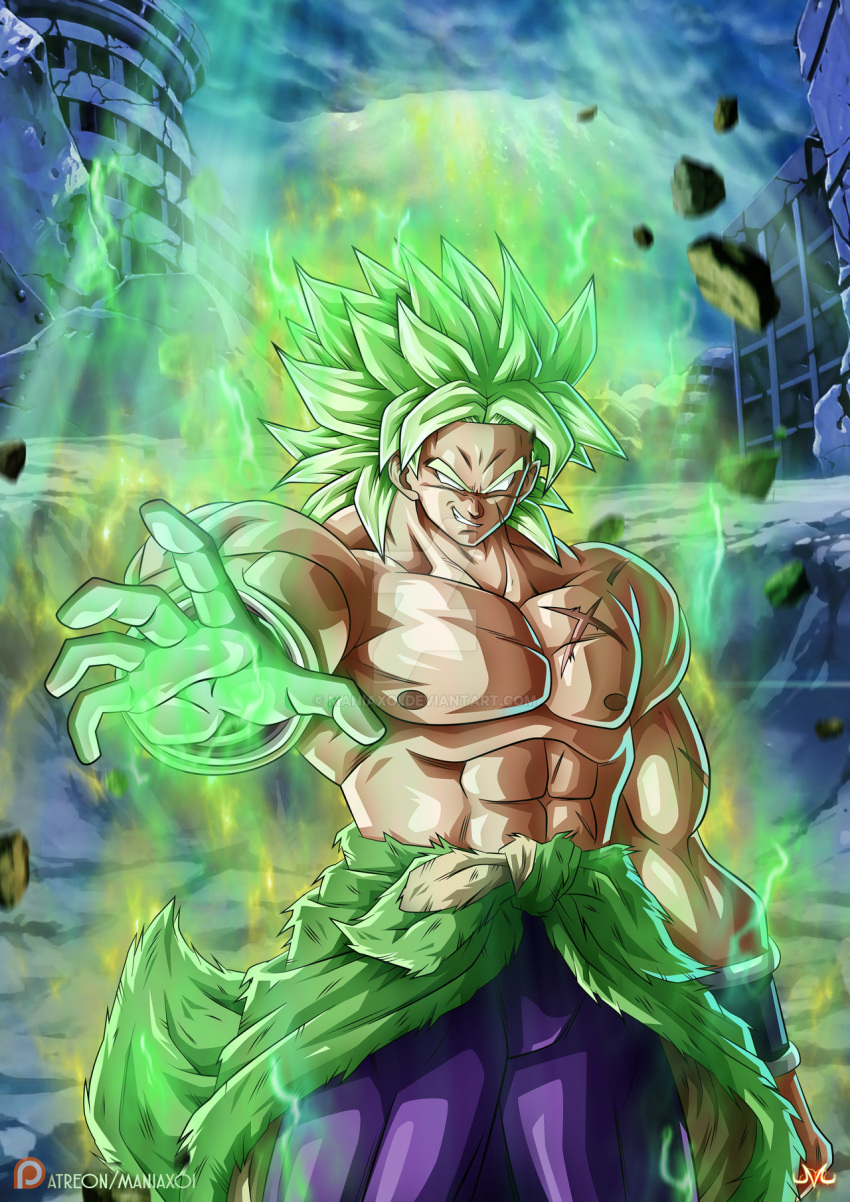 1boy arm_guards aura black_hair blank_eyes broly chest dragon_ball dragon_ball_super evil_smile facial_scar highres legndary_super_saiyan maniaxoi muscle scar scar_on_cheek smile spiky_hair super_saiyan wristband