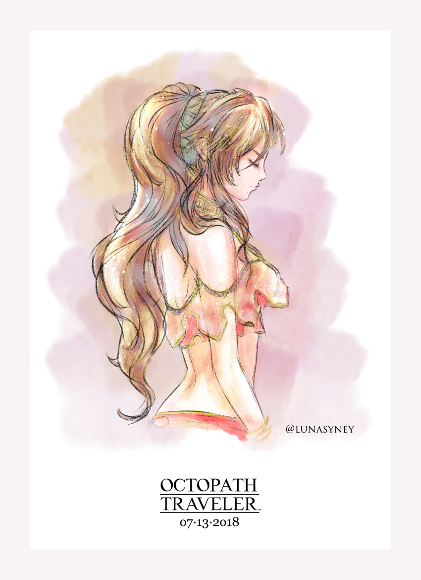 1girl absurdres bracelet brown_hair closed_eyes dancer highres jewelry long_hair lunasyney necklace octopath_traveler ponytail primrose_azelhart simple_background solo